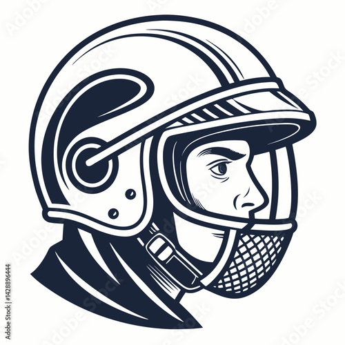 Design a vector illustration of a bold-stroked helmet with a full face protector, emphasizing strong lines and clean design.