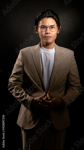 Asian man with glasses wearing beige suit and white shirt poses confidently with hands joined in front of chest against dark studio background, ideal for corporate or branding themes