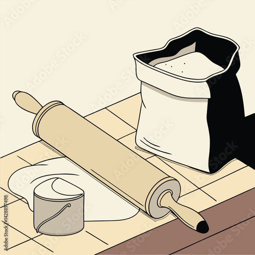 Rolling Pin with Dough and Flour Bag Baking Tools Line Art Vector Illustration Design

