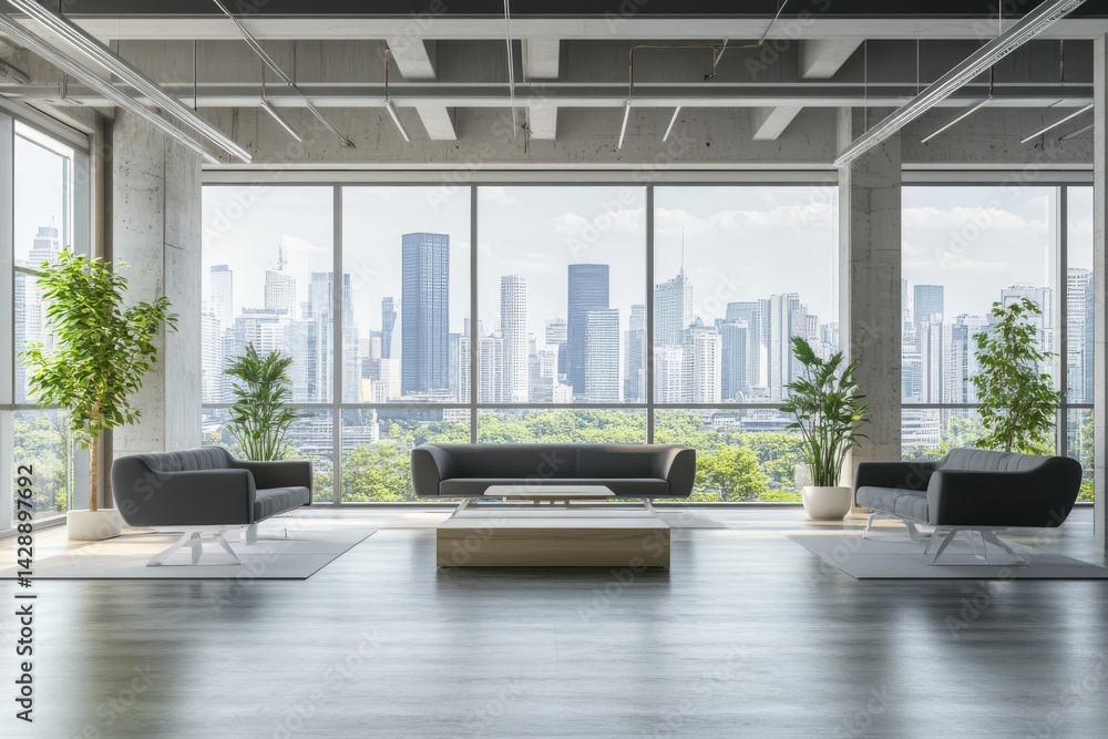 Fototapeta premium Modern open-space office with city view, large windows, and minimalistic design concept