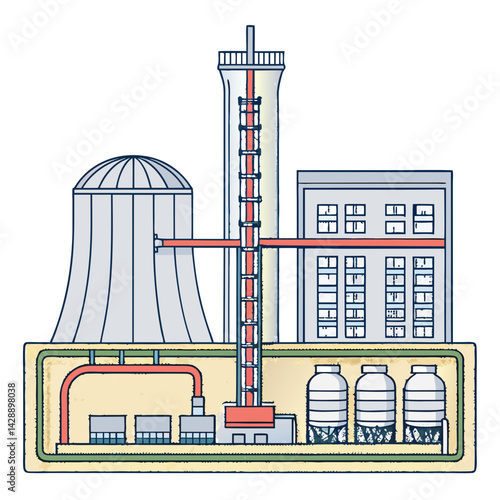 Create a vector illustration of a bold-stroked, highly detailed diagram of a nuclear reactor core, emphasizing its internal structure and components.