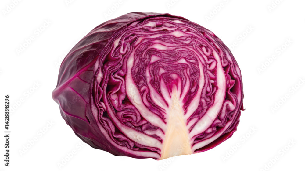 A vibrant, sliced red cabbage showcasing its intricate layers and rich purple color. A vibrant, sliced red cabbage showcasing its intricate layers and rich purple color.