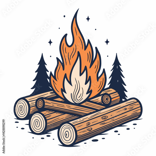 Create a bold vector illustration of a campfire scene, including firewood, logs, embers, and maybe a tent nearby.  Focus on strong, thick outlines.