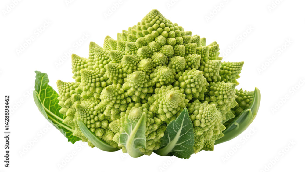 A vibrant green Romanesco cauliflower with intricate, fractal-like patterns and lush leaves. A vibrant green Romanesco cauliflower with intricate, fractal-like patterns and lush leaves.