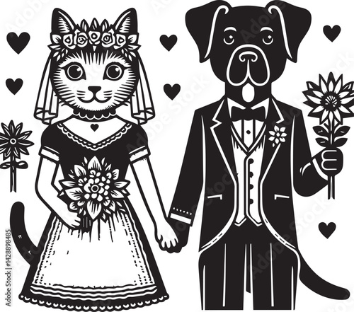 Cute Animal Wedding Couple in Monochrome Style. A whimsical black and white illustration of a fox bride and a tiger groom.