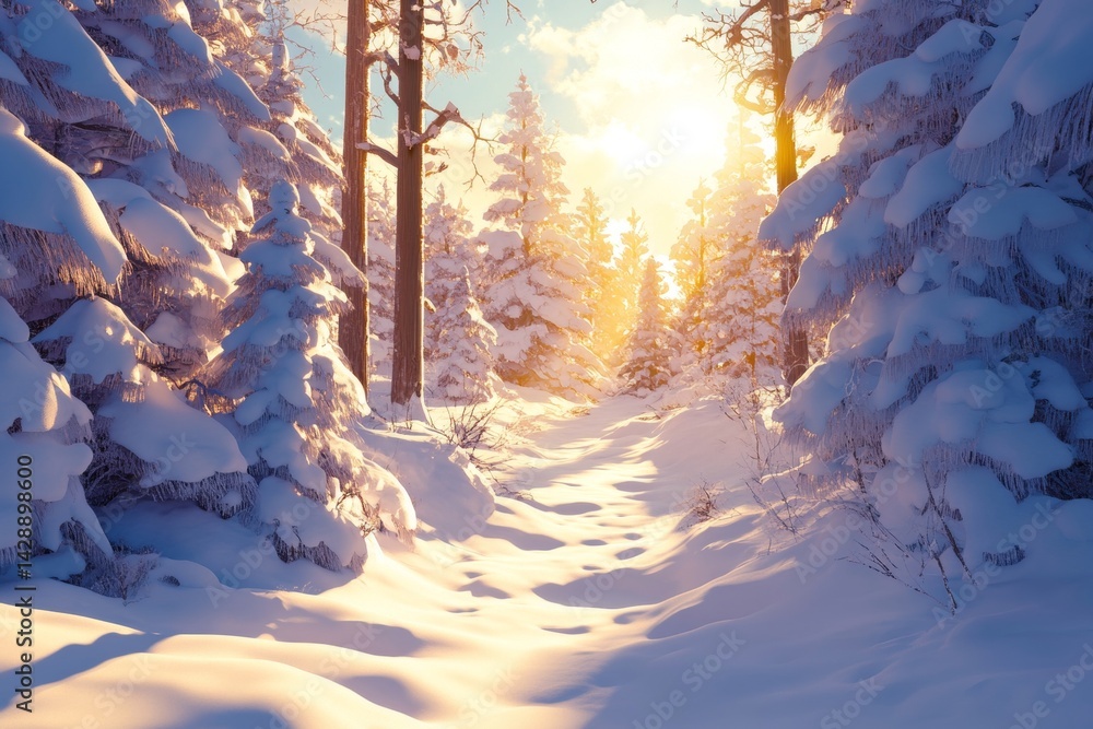 Snow-covered pine forest with sunlight filtering through the trees.