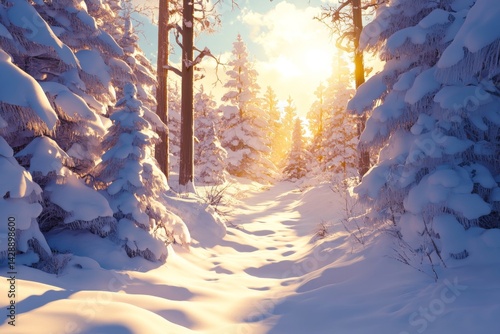 Snow-covered pine forest with sunlight filtering through the trees.