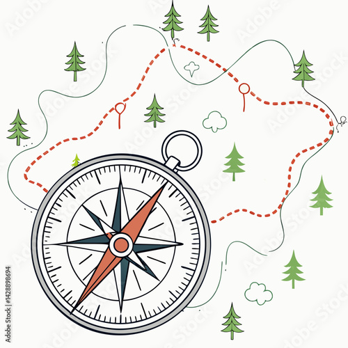 Create a bold, vector illustration of a compass with a winding trail behind it, emphasizing strong, black strokes.  The style should be modern and minimalist.