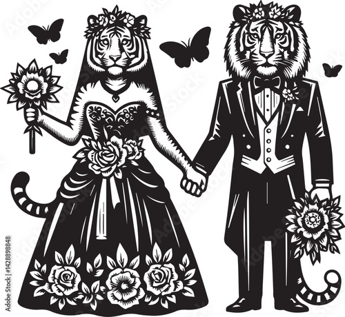 Cute Animal Wedding Couple in Monochrome Style. A whimsical black and white illustration of a fox bride and a tiger groom.