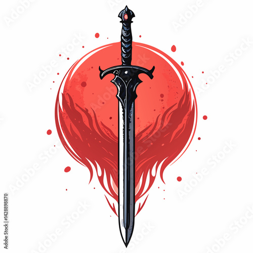 Design a vector illustration of a cursed dark sword with bold, black strokes.  Emphasis on sharp edges and ominous details.
