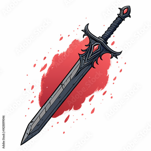 Create a vector illustration of a cursed dark sword with a bold, black stroke.  The sword should have intricate, menacing details.