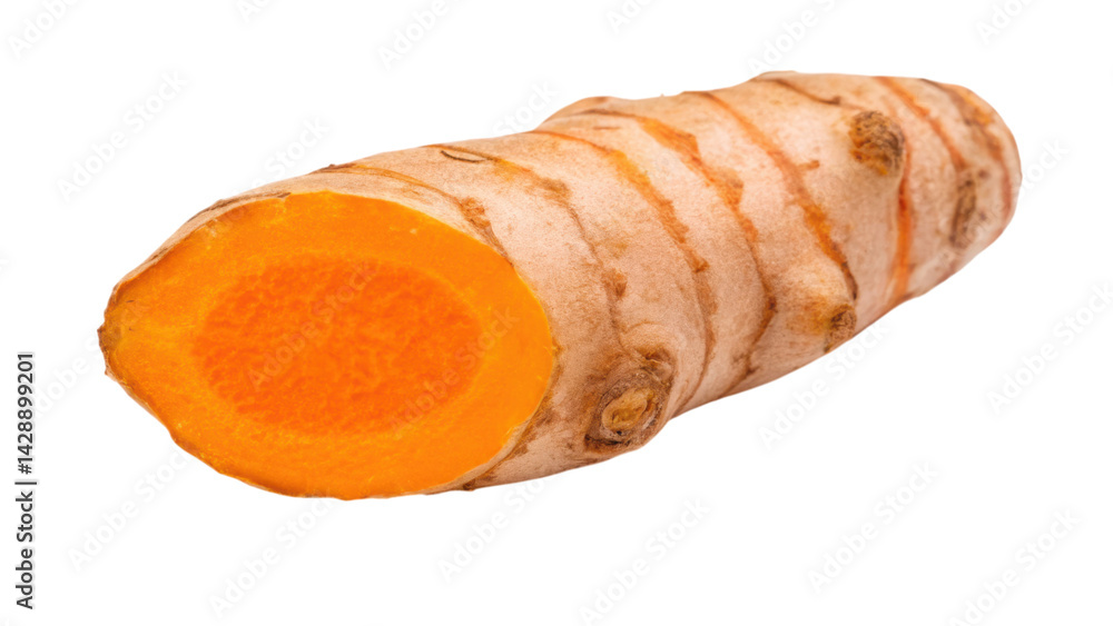 A cut piece of turmeric root, showcasing its vibrant orange interior and rough, textured exterior. A cut piece of turmeric root, showcasing its vibrant orange interior and rough, textured exterior.