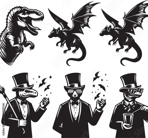Cool Dinosaurs in Stylish Suits and Sunglasses. A set of four stylized dinosaur illustrations.
