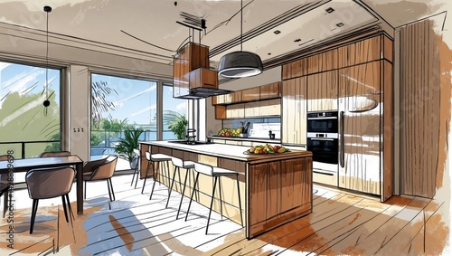 Wooden kitchen with island interior drawing, illustration. Hand drawn interior sketch