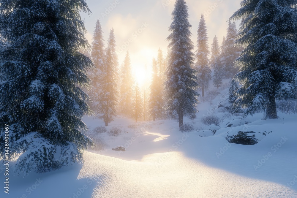 Snow-covered pine forest with sunlight filtering through the trees.
