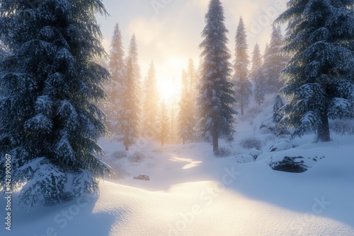 Obraz na płótnie Snow-covered pine forest with sunlight filtering through the trees. w salonie