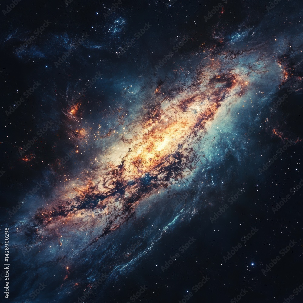 Obraz premium Vibrant galactic swirl showcasing bright stars and cosmic dust in a deep space setting filled with blues and oranges