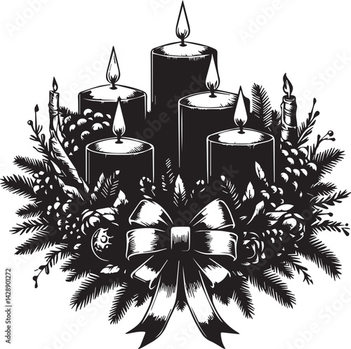 Advent wreath with candles sketch in black, isolated vector illustration.