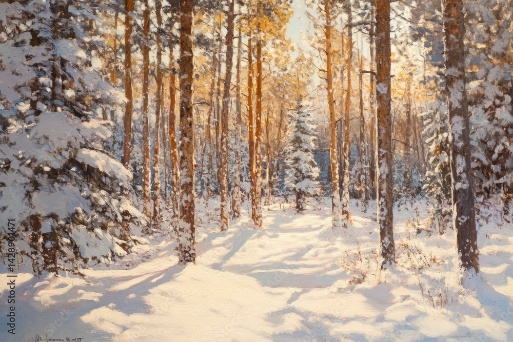 Snow-covered pine forest with sunlight filtering through the trees.