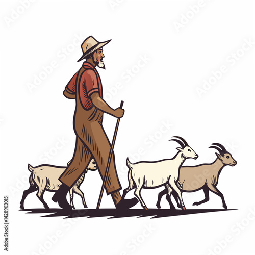Create a bold vector illustration of a goat farmer confidently walking, carrying a shepherd's crook, with a stylized, thick outline.