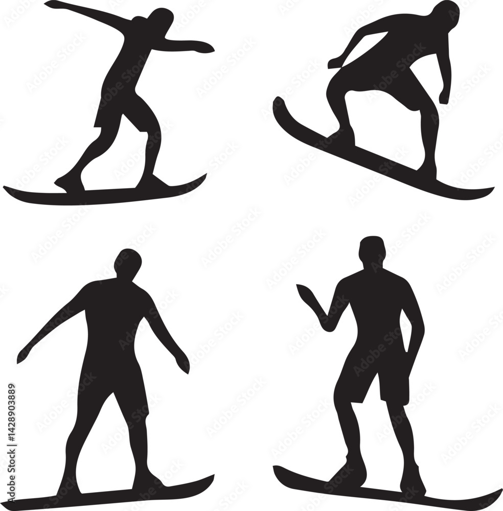 Obraz premium Surfer's Silhouette Serenade: An evocative illustration showcases the dynamic dance of surfers against a minimalistic backdrop, capturing the fluid energy and thrill of the waves.