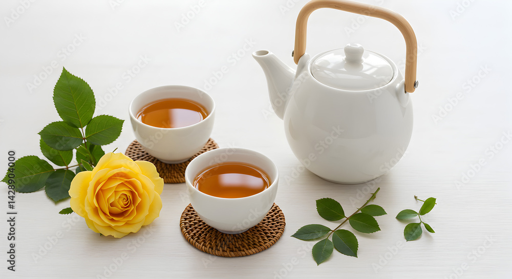 Fototapeta premium White Teapot with Two Tea Cups and Yellow Rose on White Surface for Herbal Refreshment