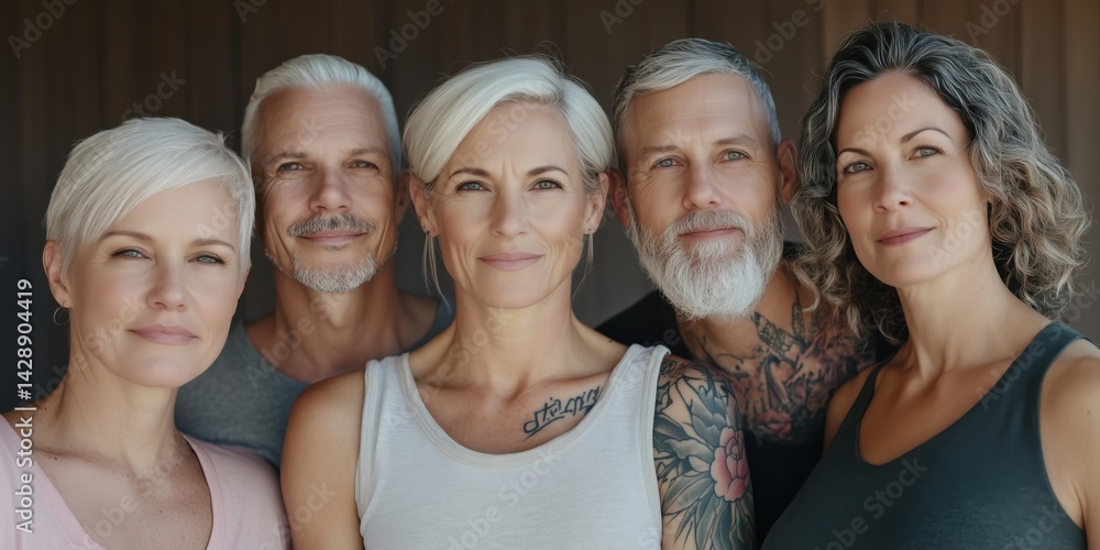 Confident group of mature adults with grey hair and tattoos posing proudly together. Ideal for themes of aging with pride, cancer survival, body art, strength, unity, and modern lifestyles.. Confident group of mature adults with grey hair and tattoos posing proudly together. Ideal for themes of aging with pride, cancer survival, body art, strength, unity, and modern lifestyles..