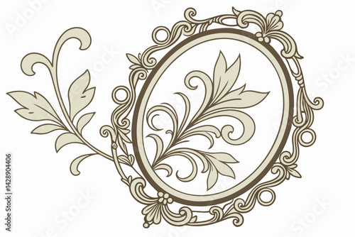 28 Ornate golden frame, rococo style, intricate floral scrollwork, symmetrical design, baroque elements, antique mirror frame, filigree details, curved shapes, elaborate ornamentation, pale blue damas