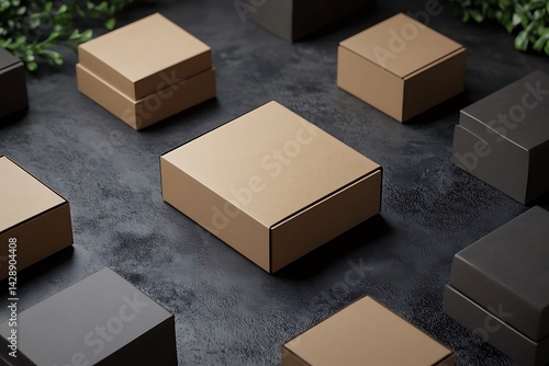 Stylish Gold Box Mockups Collection on Dark Surface with Decorative Greens