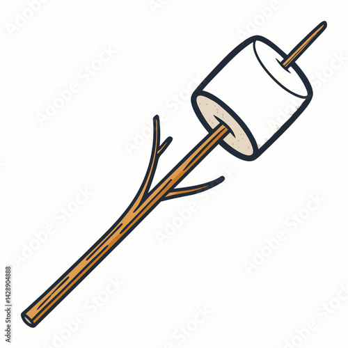 Create a bold vector illustration of a marshmallow roasting on a stick over a campfire, emphasizing the glowing embers and melting marshmallow.