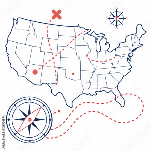 Create a bold, vector map illustration with a clearly marked travel route, emphasizing strong line weight and high contrast.