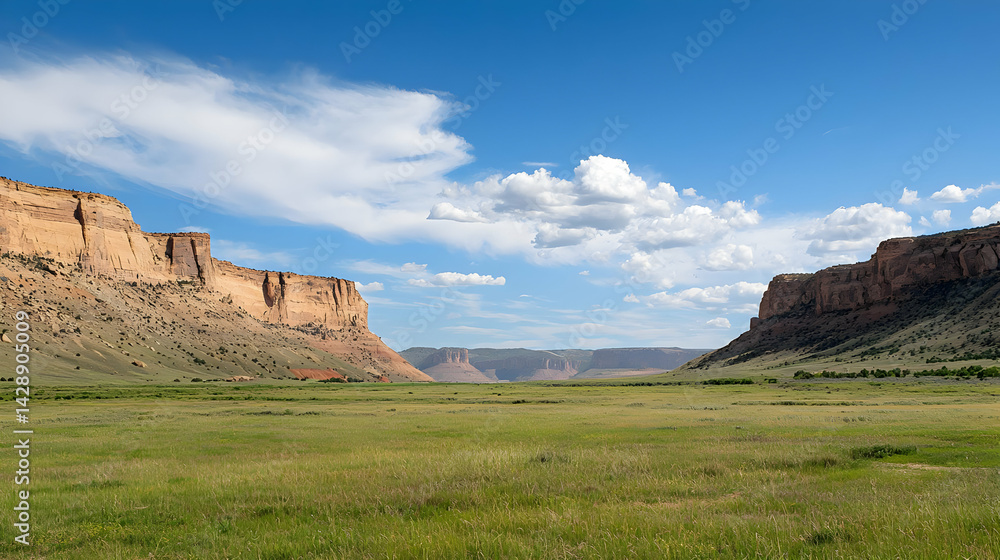 Vast Prairie Valley With Sandstone Cliffs Under Sunny Sky Vast Prairie Valley With Sandstone Cliffs Under Sunny Sky