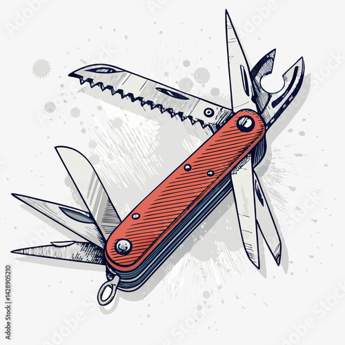Create a bold vector illustration of a multi-tool knife with a thick, black stroke.  Focus on detailed, sharp lines and clearly defined components.