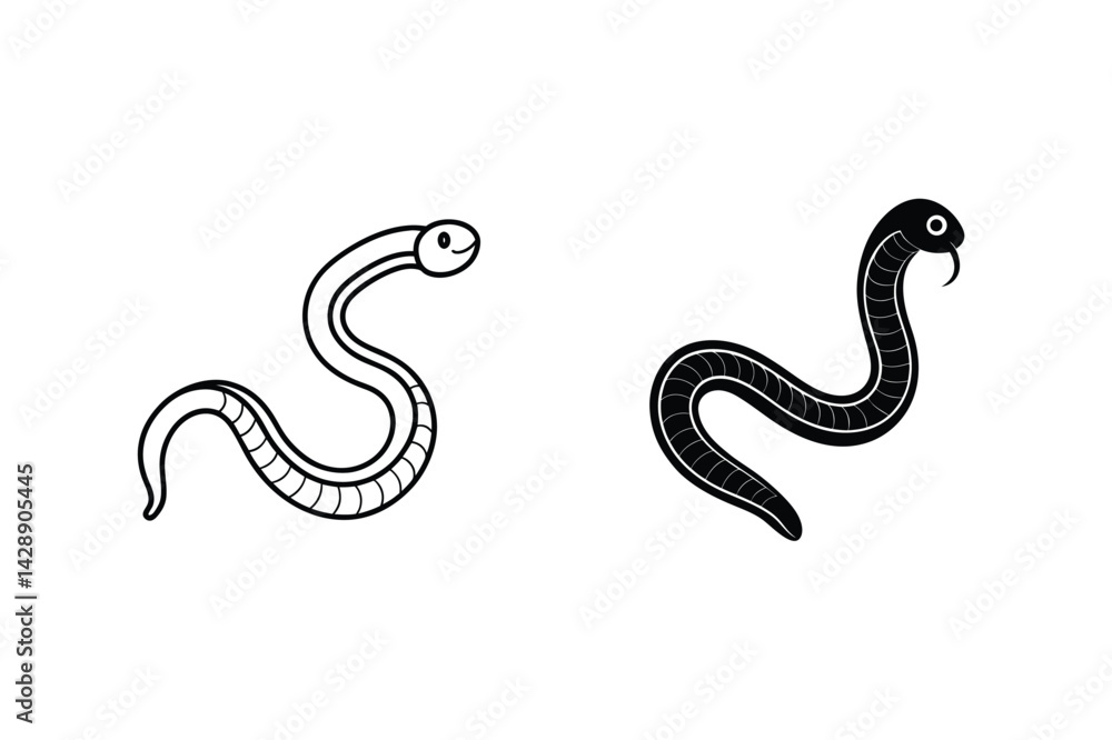Fototapeta premium Two Cartoon Snakes Simple Design Line Art Illustration Black And White