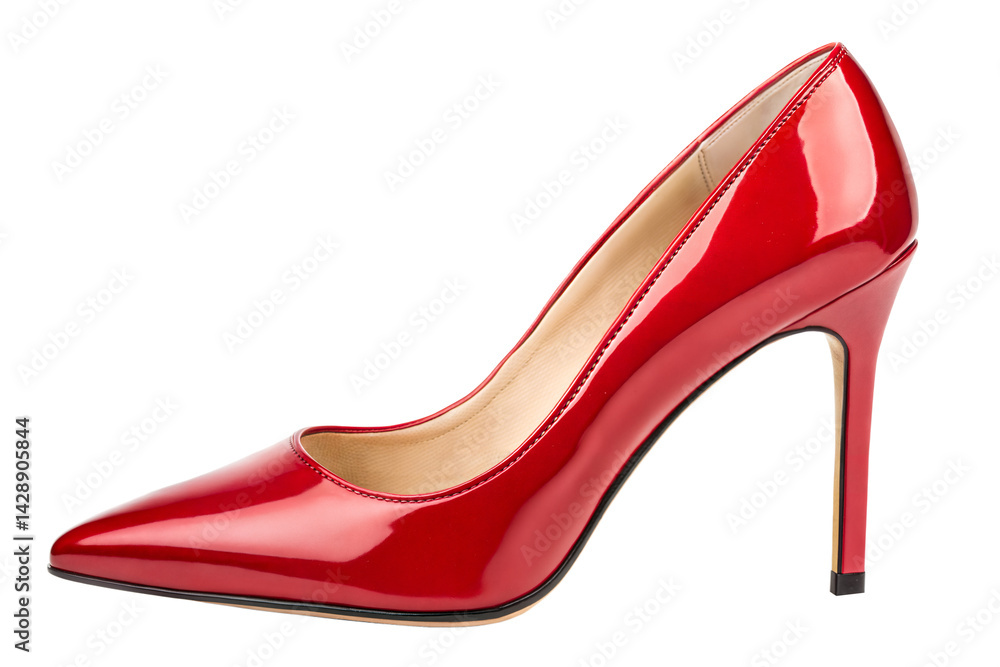 red high heel shoe isolated on transparent background. A sleek, close-up view of a vibrant red patent leather high heel pump against a pure white background. red high heel shoe isolated on transparent background. A sleek, close-up view of a vibrant red patent leather high heel pump against a pure white background.