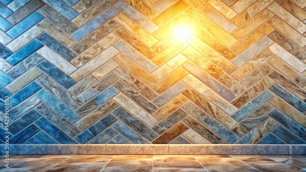 Obraz premium Illuminated Herringbone Tile Wall and Floor Background with Warm Light