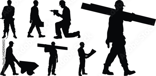 Construction Worker Silhouettes – Black and White Vector Set with Tools, Gear & Jobsite Poses