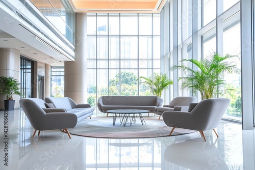 Modern hotel lobby interior with sofas, armchairs, and coffee tables. Luxurious reception area for a small business conference in the city center, captured with a wide-angle lens.