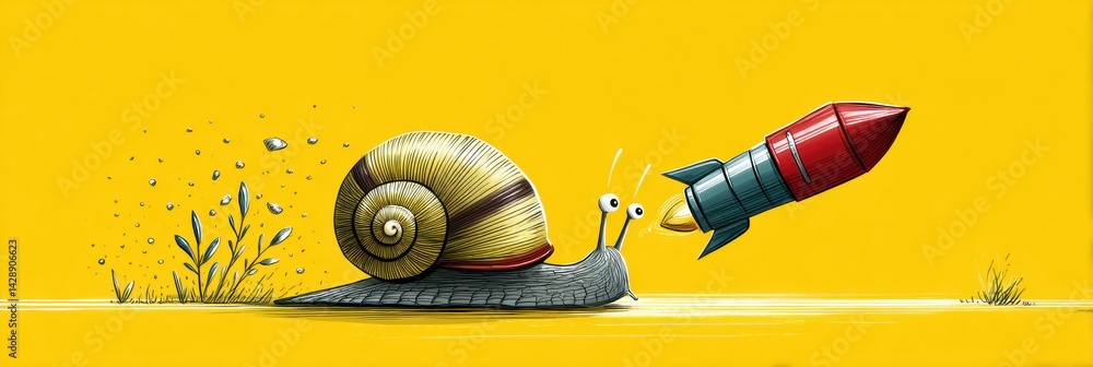 Humorous Snail Racing With Rocket Booster in Playful, Vibrant Colors on Bright Yellow Background