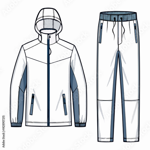 Create a vector illustration of a bold, waterproof jacket; emphasize strong, thick outlines.  Include realistic details like zippers and pockets.