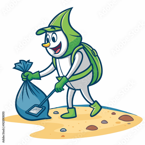 Design a bold, vector mascot illustration of an eco-warrior, characterized by strong lines and vibrant color.  Include environmental elements.