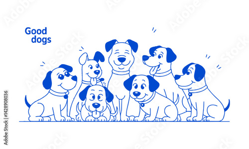 Modern vector illustration of cute dogs in a simple minimal linear style, easily editable.