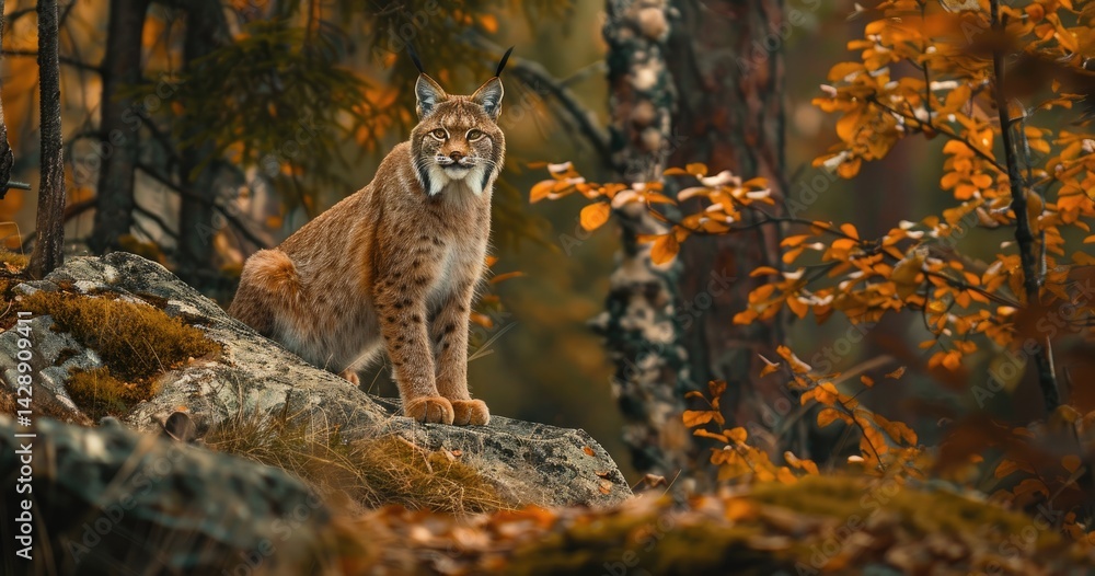 Fototapeta premium a master photography portrait of a Norwegian lynx hunting in the forest in the autumn 