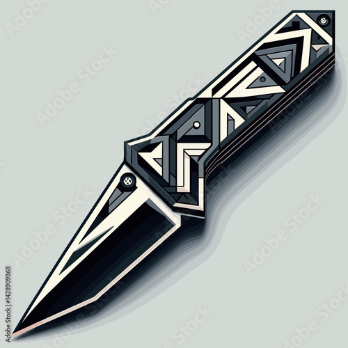 Stylized geometric knife illustration with intricate handle patterns in modern design