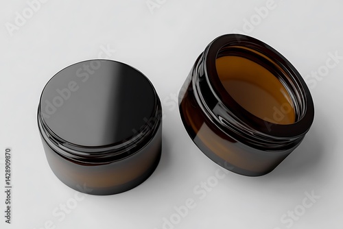 Two Amber Glass Jars with Black Lid on White Surface Minimalist Presentation