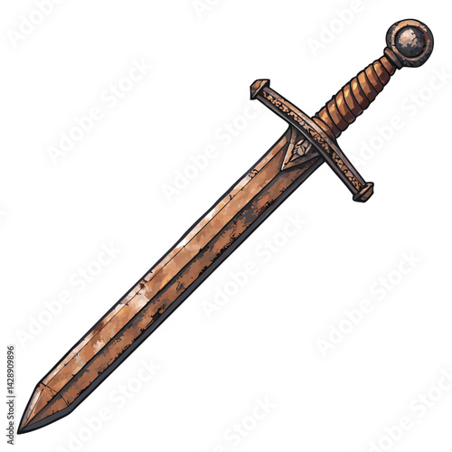 Create a vector illustration of a rusty, old sword with a bold, thick stroke.  The style should be highly detailed, emphasizing texture and wear.