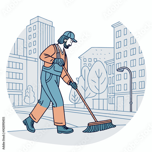 Create a bold vector illustration of a street cleaner, emphasizing the 'B' initial in the design.  Include detailed, strong lines and vibrant colors.