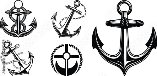 Anchor Designs Collection – Black and White Nautical Symbols with Ropes and Decorative Styles