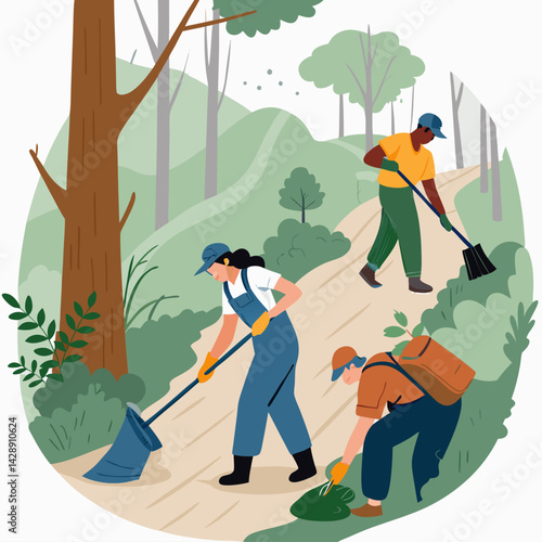 Create a bold, vector illustration of a diverse team of volunteers working together, emphasizing strong outlines and impactful silhouettes.