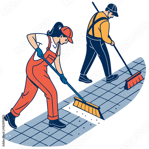Create a bold, vector illustration of sanitation workers diligently cleaning a street side, emphasizing strong lines and vibrant colors.